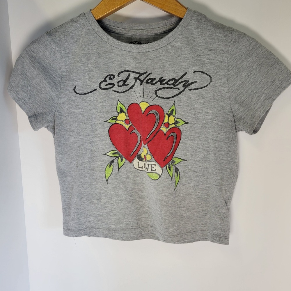 Ed Hardy Womens Gray Heart Tattoo Graphic Crop Top Tee Shirt Size L EHW1104